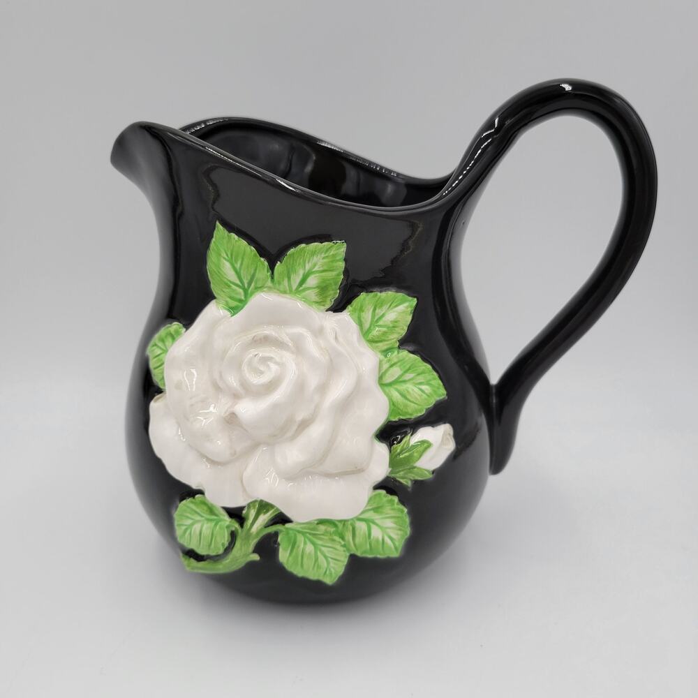 Vintage Fitz & Floyd Pitcher Black White Rose Floral Pattern Ceramic Handpainted